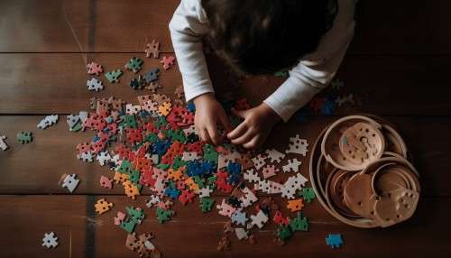 Children playinglearning and creating puzzles indoors generated by AI