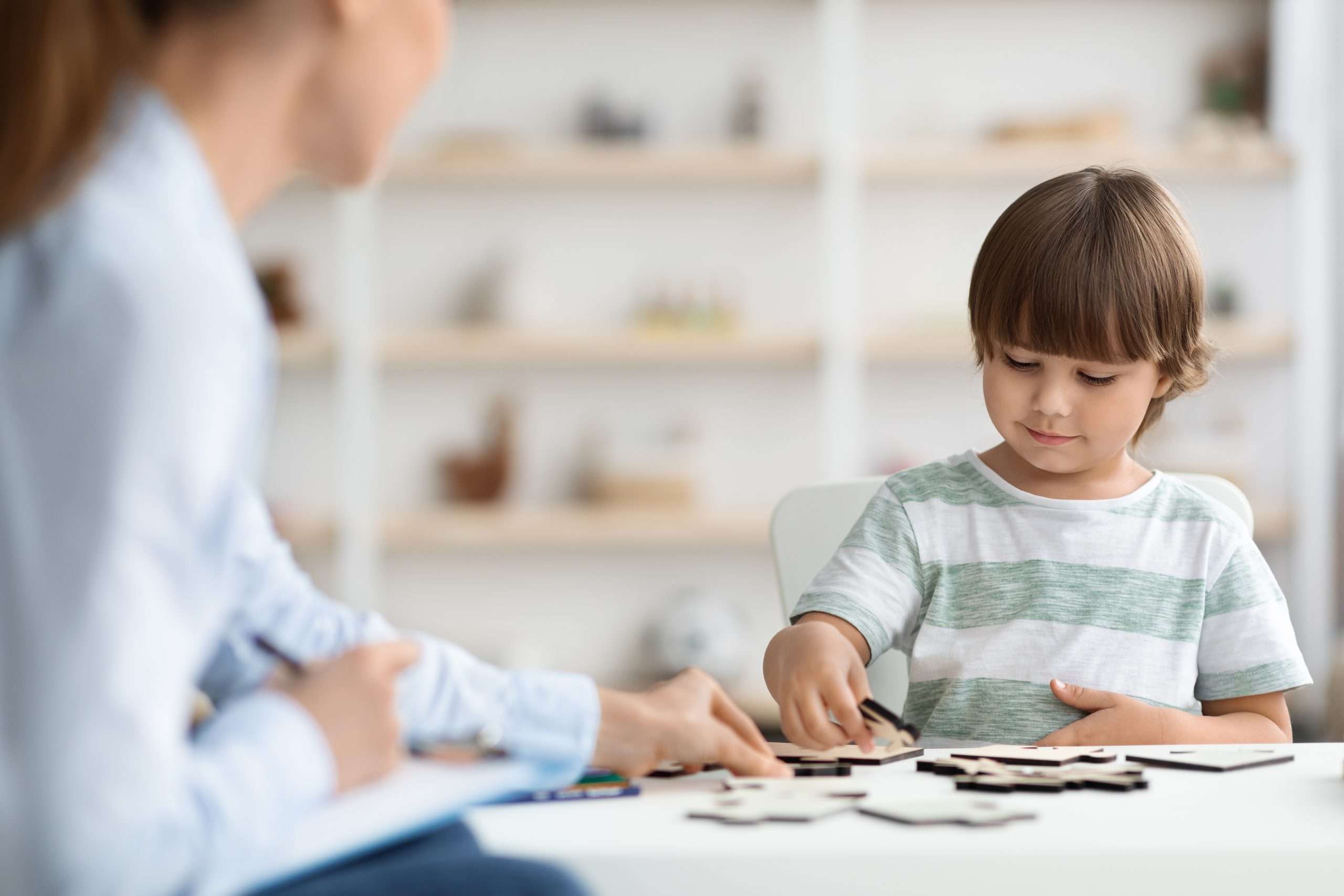 Cute clever little boy playing with ecofriendly wooden figures at office woman specialist helping
