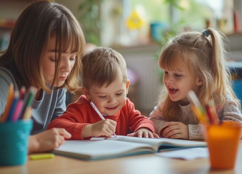 Children engaged in therapy exercises with a therapist.